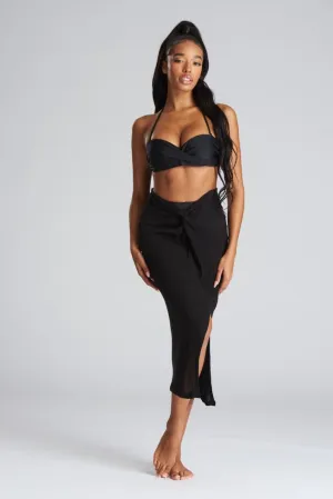 South Beach Black Crinkle Midi Length Twist Beach Skirt
