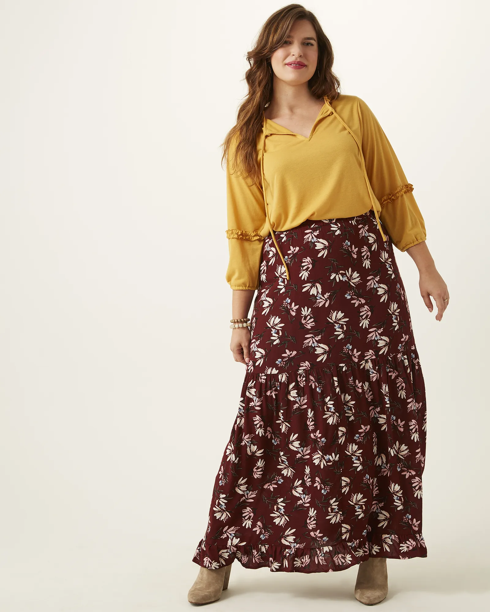 Stacy Ruffle-Hem Maxi Skirt | Burgundy / Pink