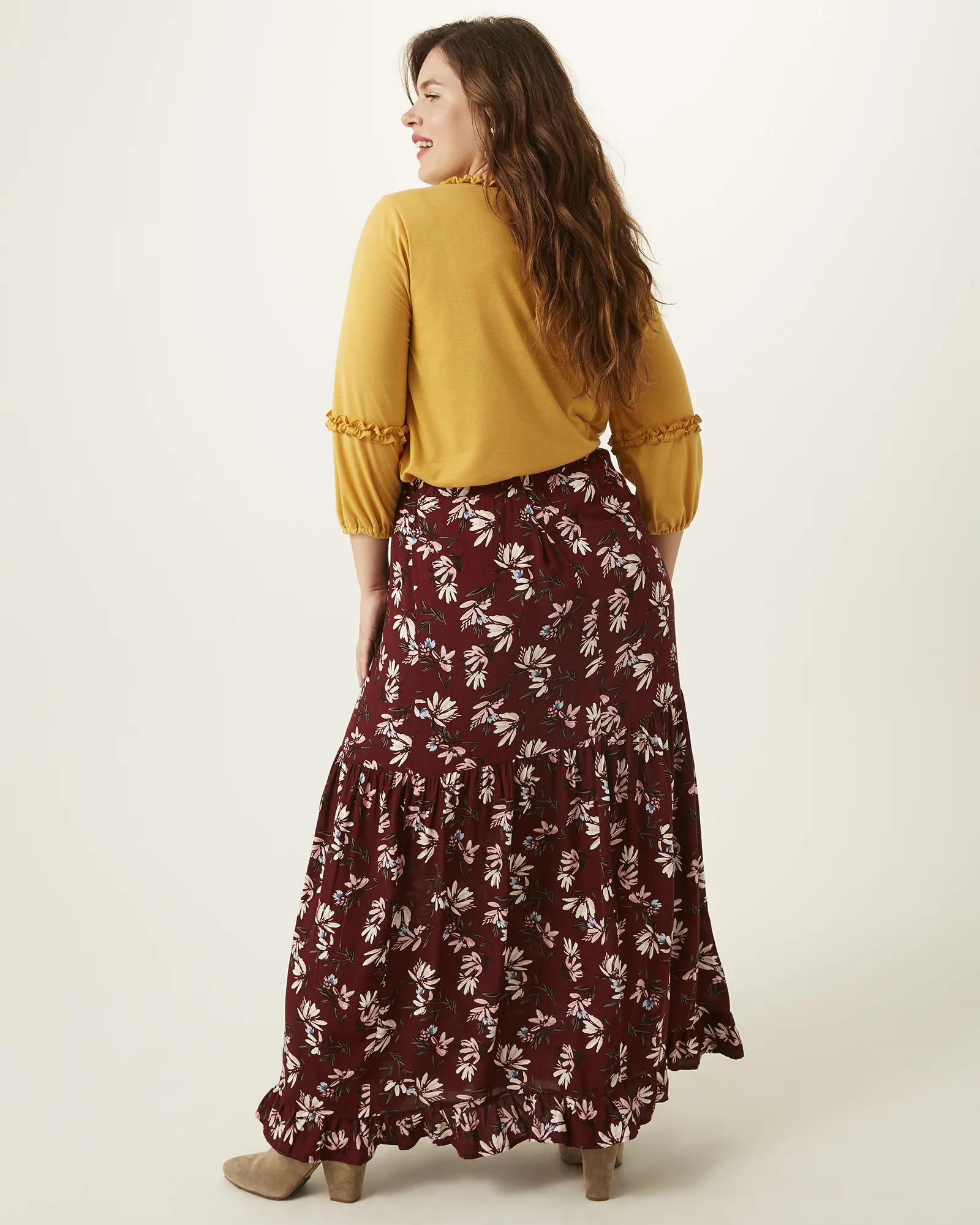 Stacy Ruffle-Hem Maxi Skirt | Burgundy / Pink