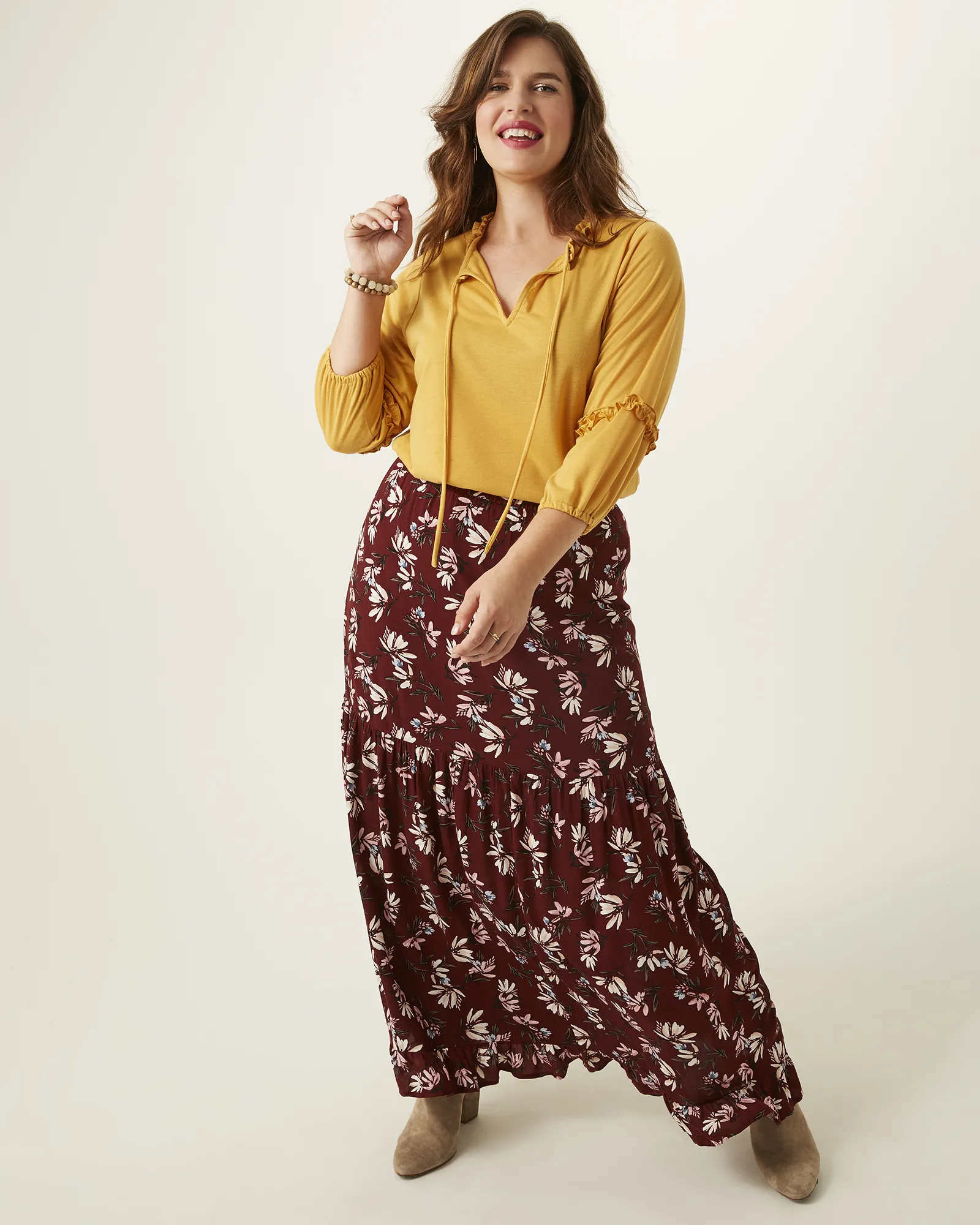 Stacy Ruffle-Hem Maxi Skirt | Burgundy / Pink