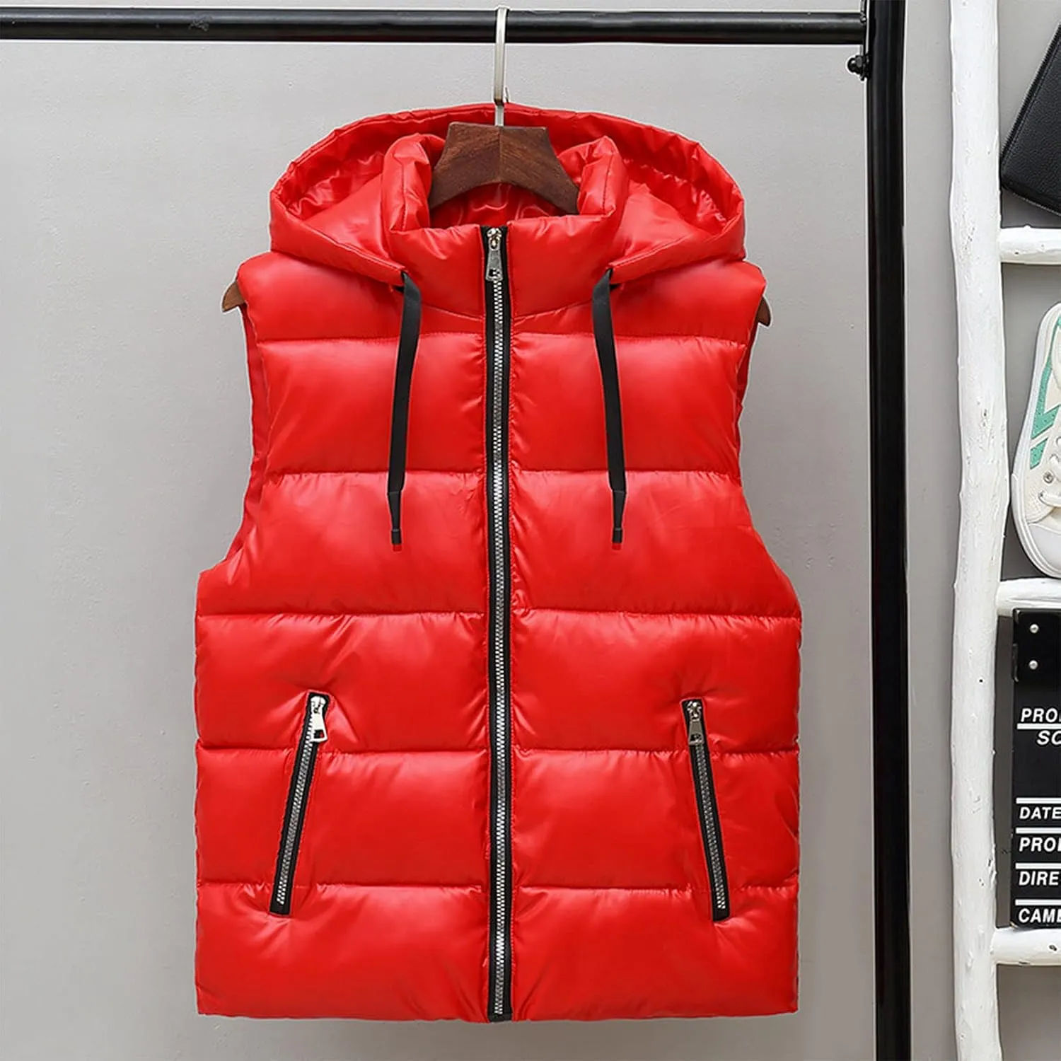 tuduoms Womens Hooded Shiny Puffer Vest Lightweight Waterproof Slim Sleeveless Quilted Removable Hooded Winter Down Vest Coat