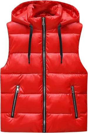 tuduoms Womens Hooded Shiny Puffer Vest Lightweight Waterproof Slim Sleeveless Quilted Removable Hooded Winter Down Vest Coat