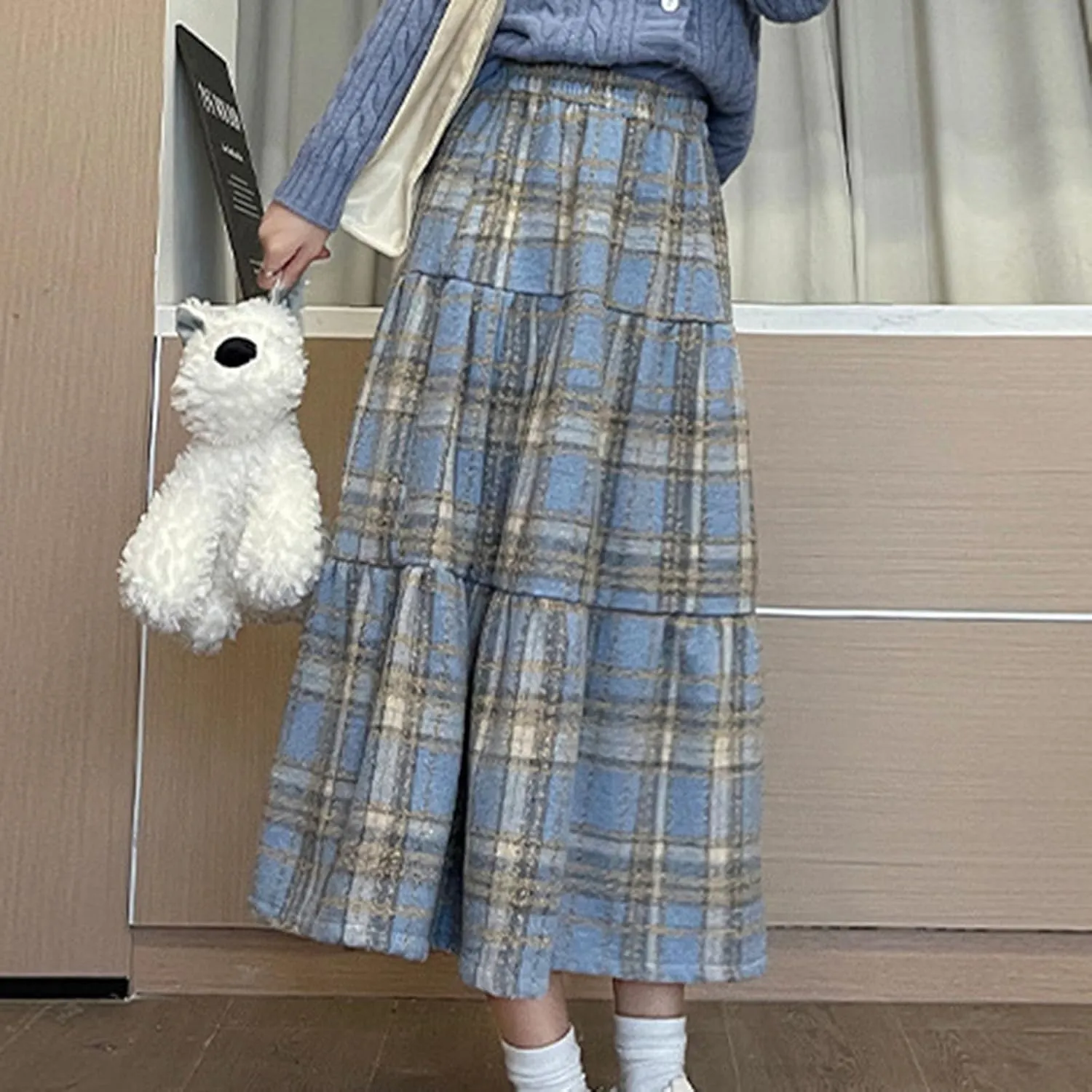 Womens Checkered Long Skirts Stretch High Waist A-Line Swing Skirt Comfy Wool Blend Ankle Length Midi Skirt