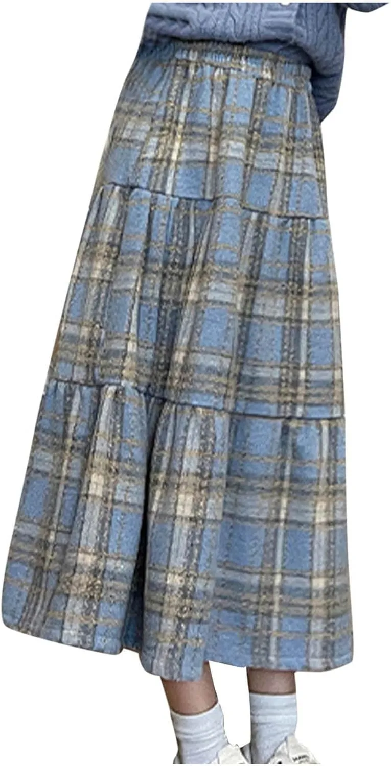 Womens Checkered Long Skirts Stretch High Waist A-Line Swing Skirt Comfy Wool Blend Ankle Length Midi Skirt