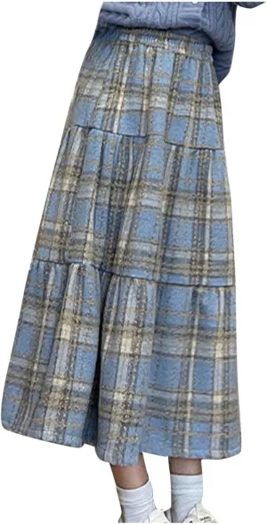 Womens Checkered Long Skirts Stretch High Waist A-Line Swing Skirt Comfy Wool Blend Ankle Length Midi Skirt