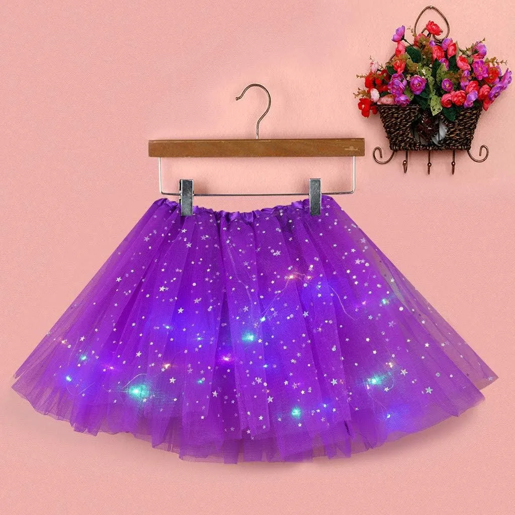 Womens Small Bulb Pleated Princess Skirt Fashion Star Sequin Mini Skirts Tulle Bubble Tutu Skirt Prom Party Shiny Skirt