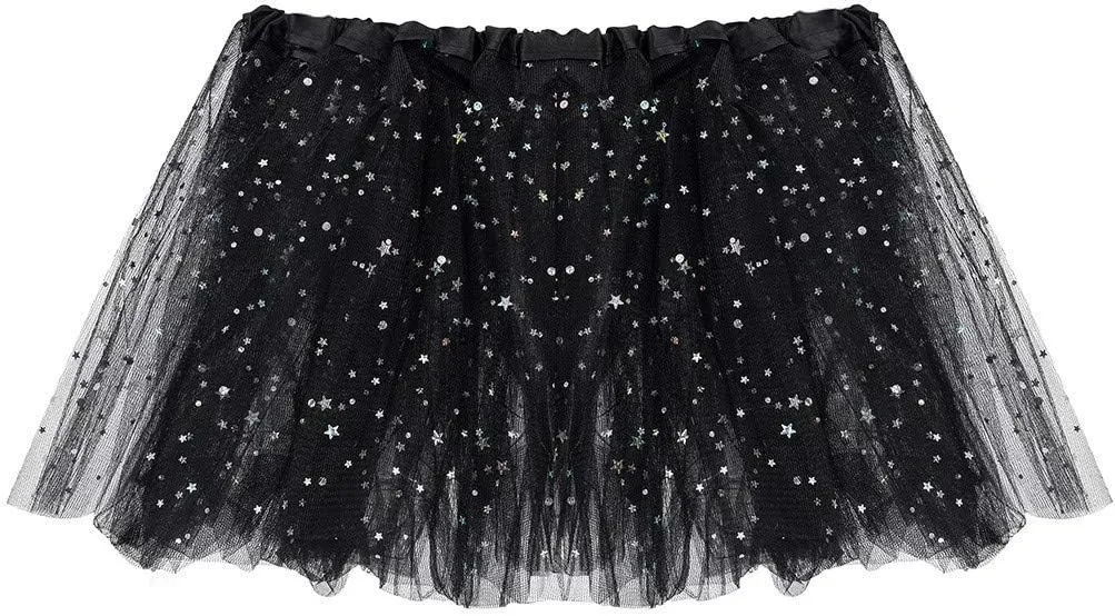 Womens Small Bulb Pleated Princess Skirt Fashion Star Sequin Mini Skirts Tulle Bubble Tutu Skirt Prom Party Shiny Skirt