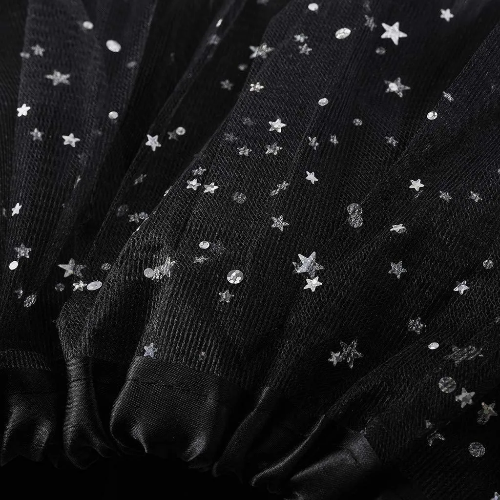 Womens Small Bulb Pleated Princess Skirt Fashion Star Sequin Mini Skirts Tulle Bubble Tutu Skirt Prom Party Shiny Skirt