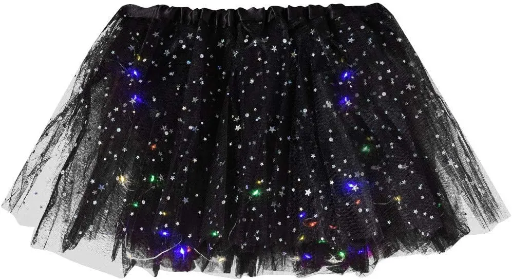 Womens Small Bulb Pleated Princess Skirt Fashion Star Sequin Mini Skirts Tulle Bubble Tutu Skirt Prom Party Shiny Skirt