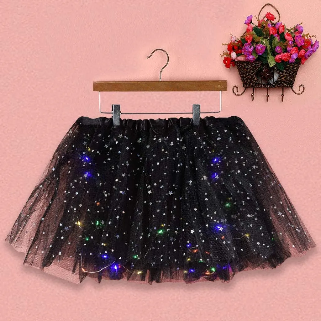 Womens Small Bulb Pleated Princess Skirt Fashion Star Sequin Mini Skirts Tulle Bubble Tutu Skirt Prom Party Shiny Skirt