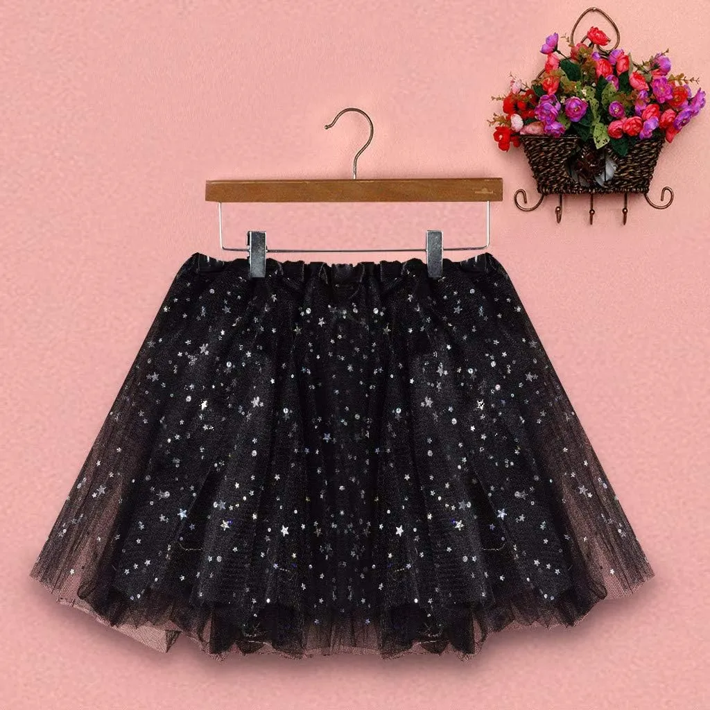 Womens Small Bulb Pleated Princess Skirt Fashion Star Sequin Mini Skirts Tulle Bubble Tutu Skirt Prom Party Shiny Skirt
