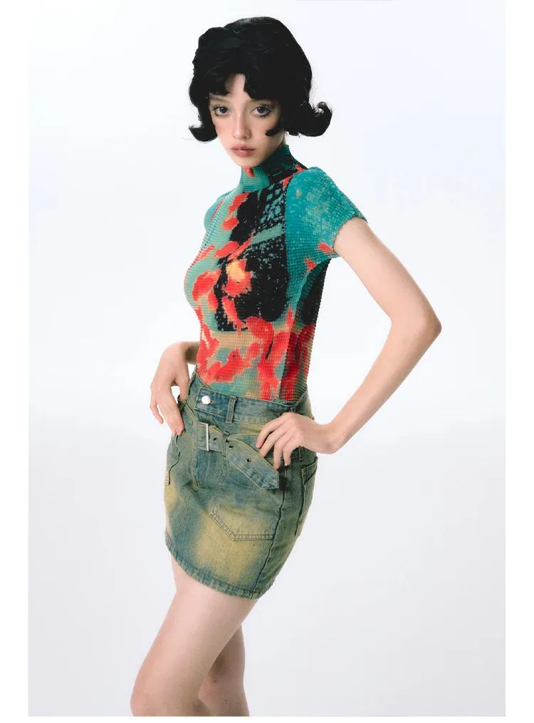Womens Tie-Dye Bodycon Crop Top  Short Sleeve Y2K Coquette Kawaii Aesthetic Tee