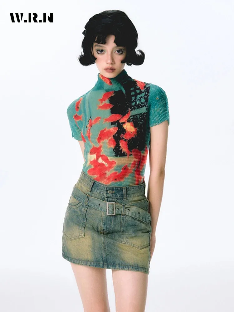 Womens Tie-Dye Bodycon Crop Top  Short Sleeve Y2K Coquette Kawaii Aesthetic Tee