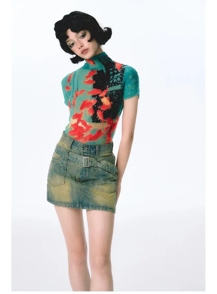Womens Tie-Dye Bodycon Crop Top  Short Sleeve Y2K Coquette Kawaii Aesthetic Tee