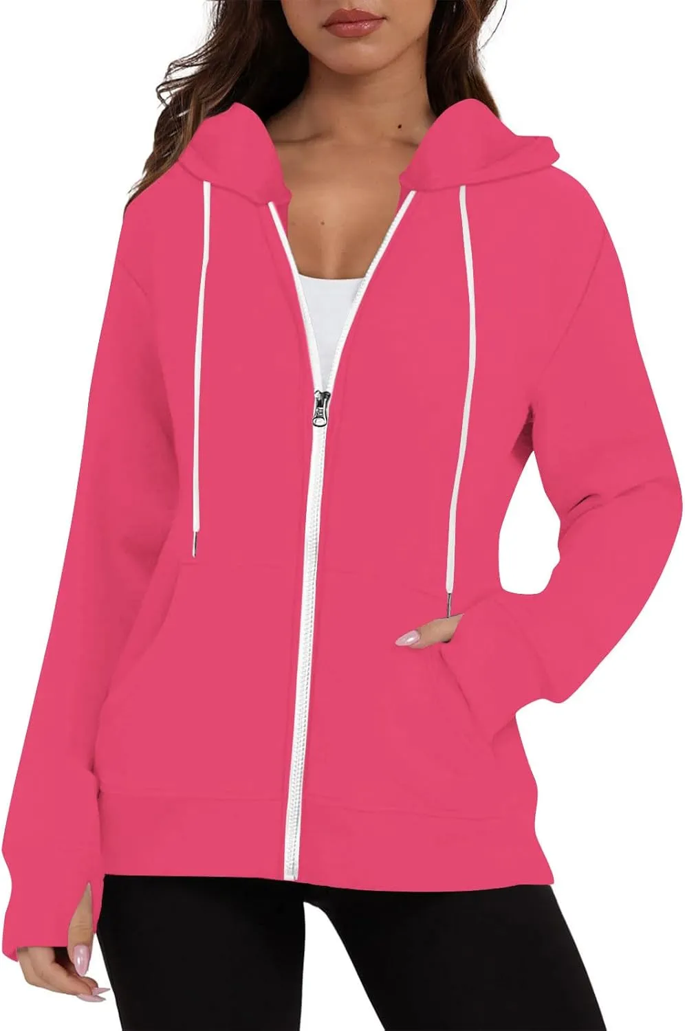 Zip Up Hoodie Womens Long Sleeve Drawstring Hooded Sweatshirt Casual Fleece Jacket 2024 Fall Outfits with Pockets